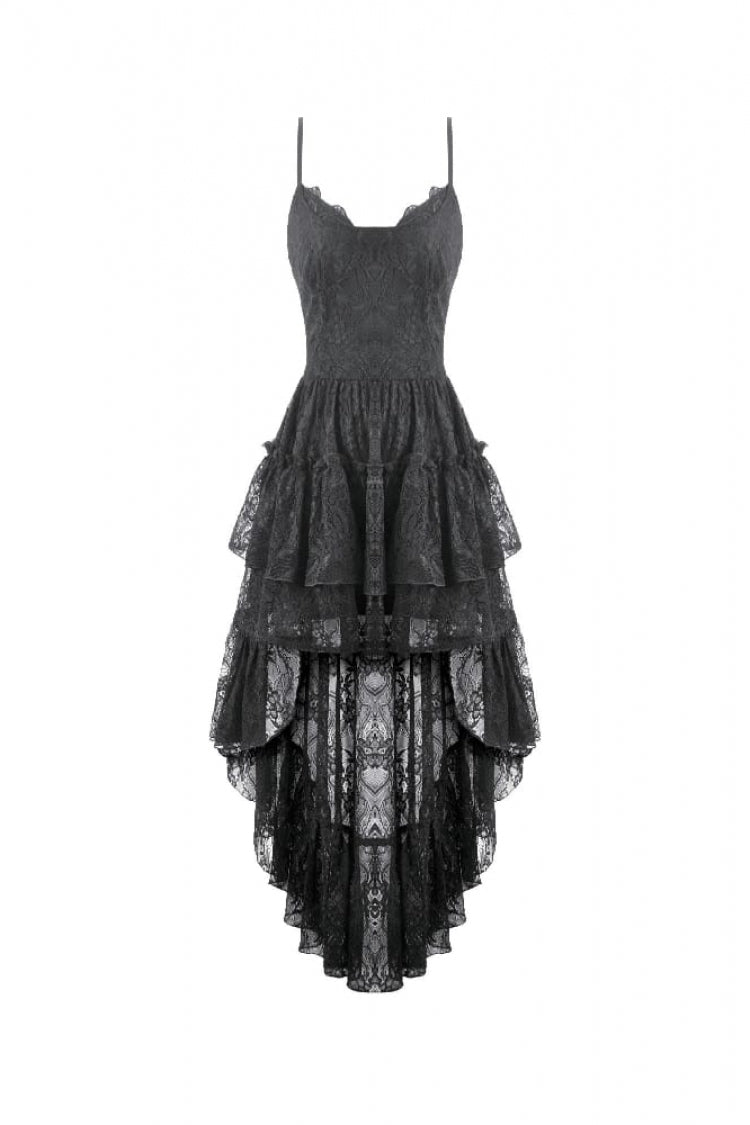 Black Women's Gothic Vintage Lace Multi-Layered Ruffled High-Low Slip Dress - Product - 3
