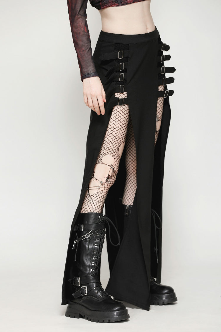 Black Buckled Zippered Women's Punk Side Slit Long Skirt - Product - 5