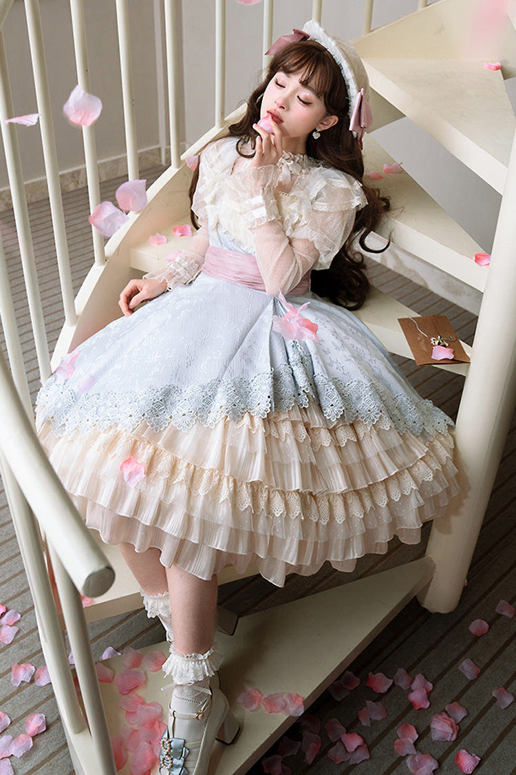 Multi-Color Cream Layers Ruffle Asymmetrical Cardigan Bowknot Sweet Lolita Jsk Dress - Product - 12
