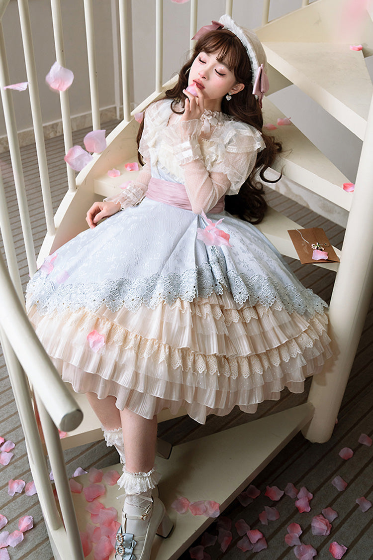 Multi-Color Cream Layers Ruffle Asymmetrical Cardigan Bowknot Sweet Lolita Jsk Dress - Product - 12