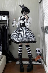 Black/White [A Weird Christmas] Sleeveless Printed Ruffled Gothic Lolita Bust-Support JSK Dress - Product - 3