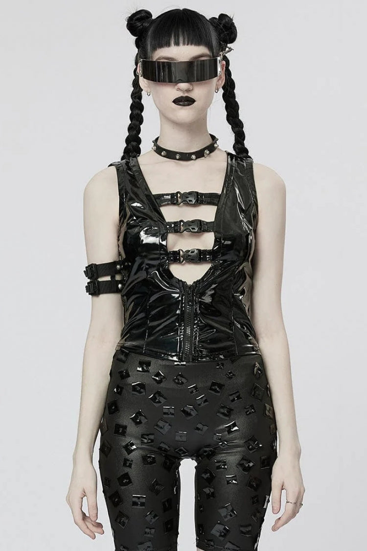 Black Patent Leather Hollow Slim Womens Steampunk Vest - Product - 2