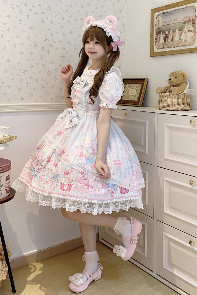 Blue [Cute Rabbit Sweet Cake] Print Ruffle Bowknot Lace Sweet Lolita Jsk Dress - Product - 4
