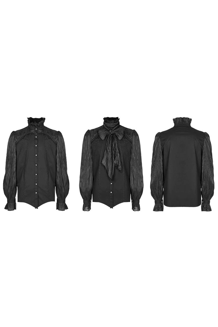 Black Stand Collar Ruched Stitching Lace Mens Gothic Blouse with Scarf - Product - 5