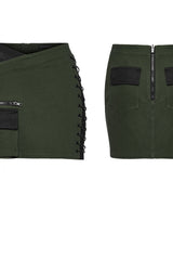 Black/Green Lace-Up Slim Asymmetric Zippered Eyelet Women's Punk Handsome Skirt - Product - 7