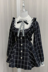 Black/White [Heart-beating Limited] Long Sleeves Plaid Print Print Bowknot Lace Gothic Jirai Kei Dress Set - Black/White - 1