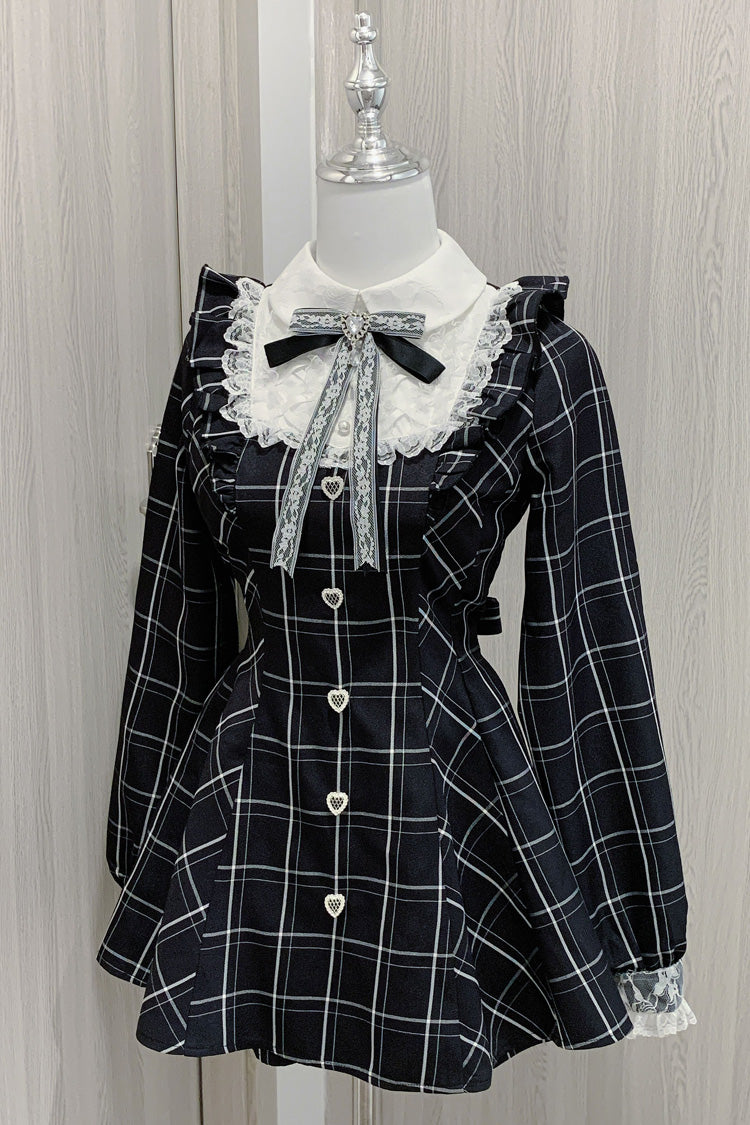 Black/White [Heart-beating Limited] Long Sleeves Plaid Print Print Bowknot Lace Gothic Jirai Kei Dress Set - Black/White - 1