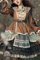 Multi-Color Retro Pastoral Style Stitching Color Ruffled Tiered Classic Lolita Op Dress (Belt is included) - Multi-Color - 1