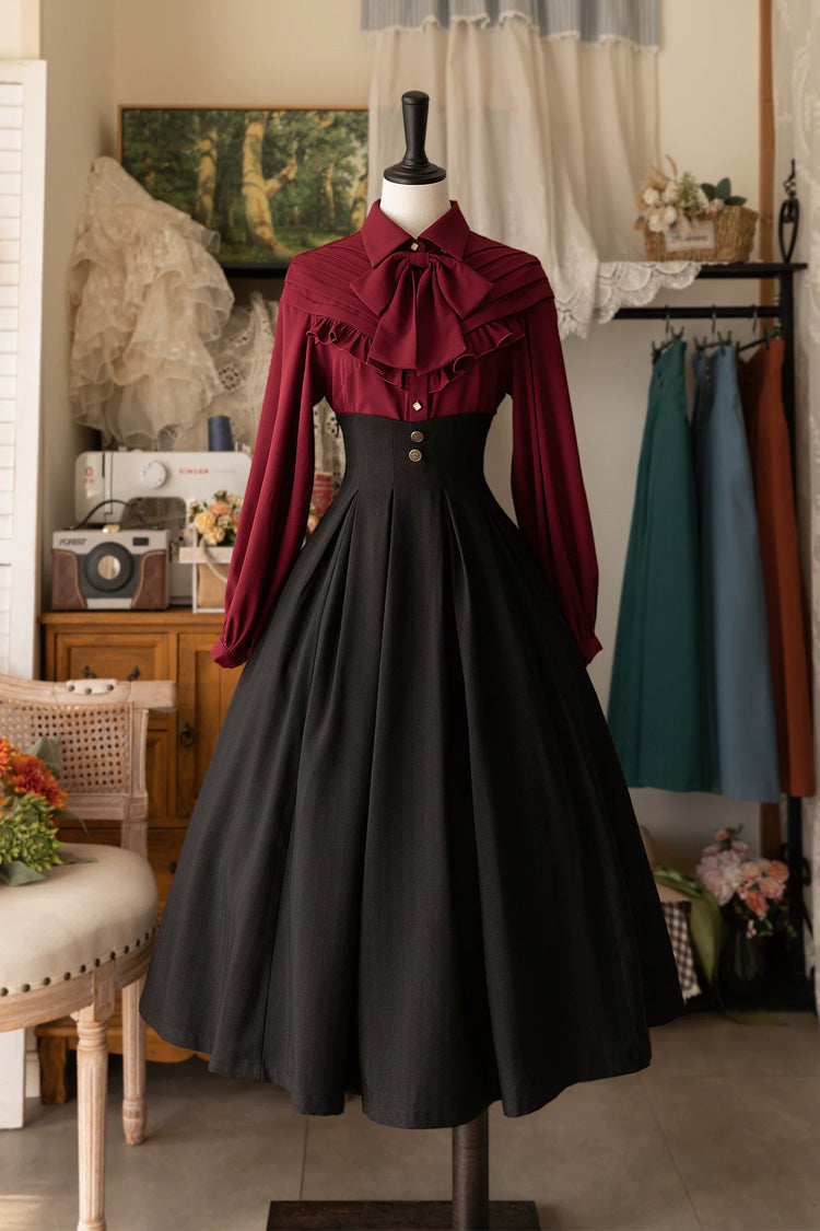 [Basket of the Forest] Lapel Collar Long Sleeves Ruffled Bow Classic Elegant Lolita Blouse 4 Colors - Product - 7