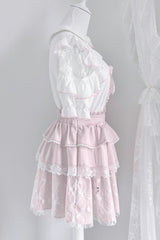 White/Pink Short Sleeves Triple-Layered Ruffle Bowknot Lace Jirai Kei Japanese Skirt Set - Product - 2