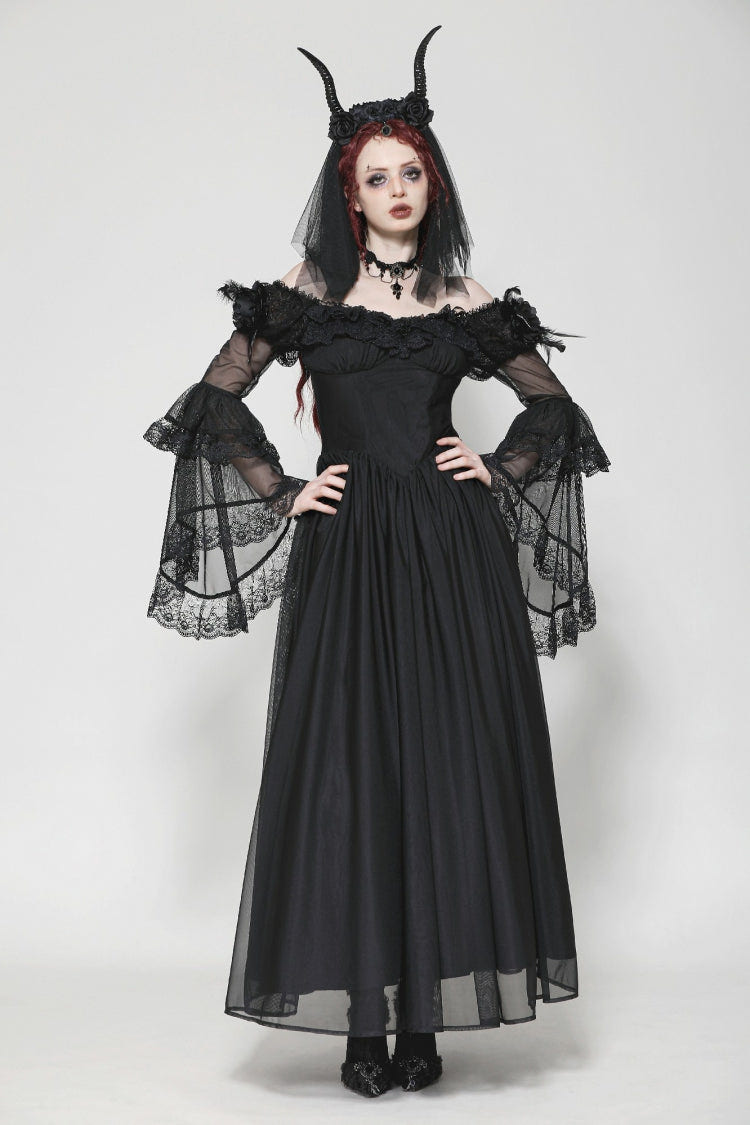 Black Off Shoulder Boat Neck Multi-Layered Long Trumpet Sleeves Lace Spliced Tulle Lace-Up Women's Gothic Fantasy Dress - Black - 1