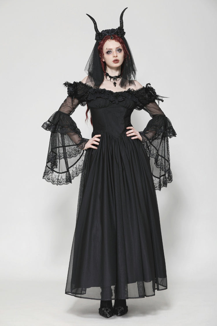Black Off Shoulder Boat Neck Multi-Layered Long Trumpet Sleeves Lace Spliced Tulle Lace-Up Women's Gothic Fantasy Dress - Black - 1