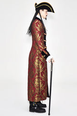 Pirate Style Red And Gold Jacquard Gothic Mens Long Coat - Product - 2