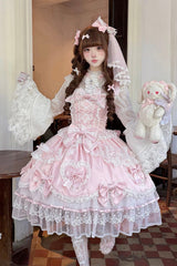 Pink [Sweetheart] Sleeveless Multi-Layered Embroidered Bow Lace Lace-Up Sweet Lolita Jsk Dress - Product - 4