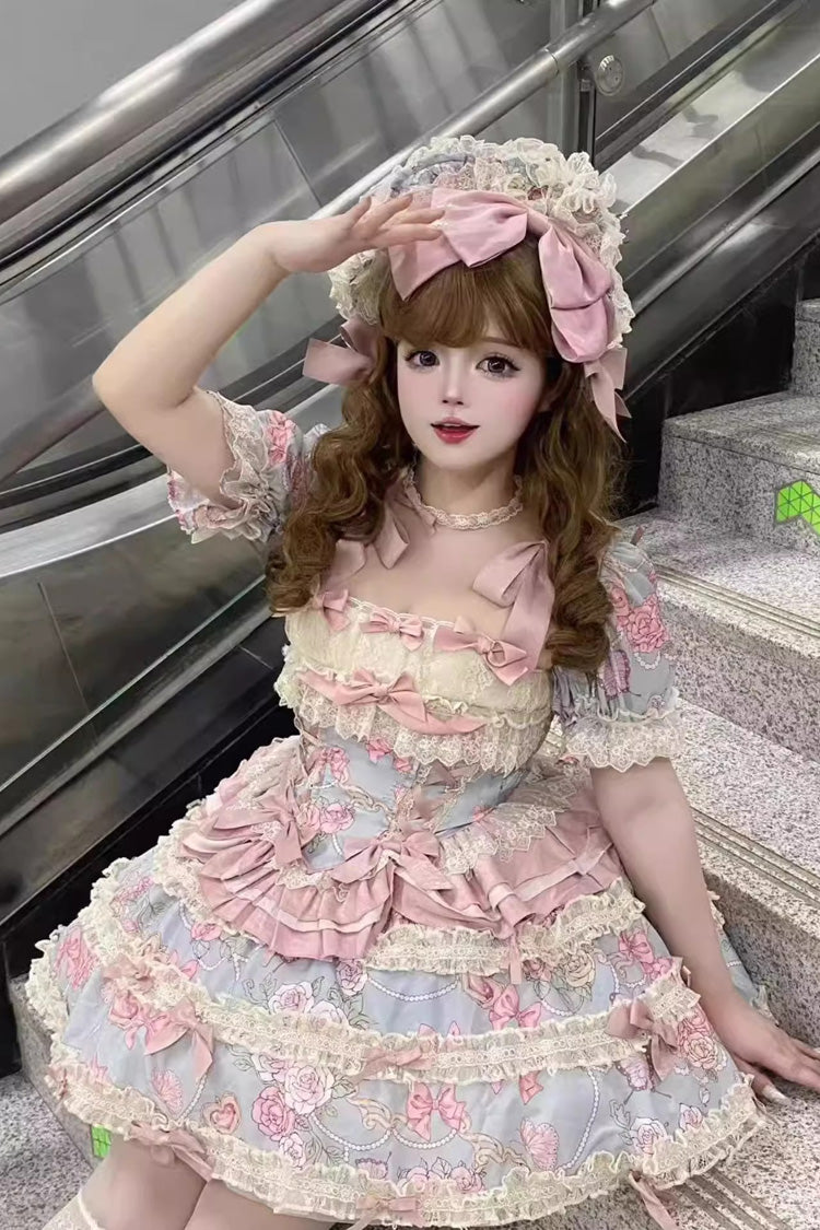 Blue/Pink [Gem Rose] Multi-Layered Ruffle Bowknot Lace Sweet Princess Lolita Skirt 2 Versions - Product - 14