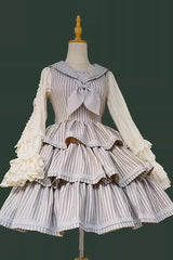 [From the Other Side] Sleeveless Triple-Layered Vertical Stripes Print Print Ruffle Bowknot Sweet College Style Lolita Jsk Dress - Product - 10