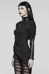 Black Stand Collar Long Sleeves Ruffle Slim Irregular Womens Steampunk T-Shirt - Product - 2