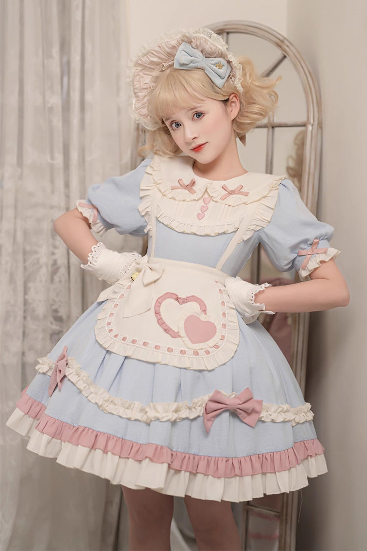 Blue Short Puff Sleeves Ruffle Bowknot Maid Sweet Princess Lolita Dress - Blue - 1