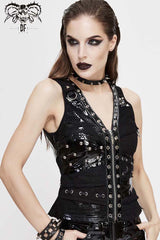 Black V Neck Splice Mesh Asymmetrical Design Heavy Metal Women's Punk Waistcoat - Product - 2