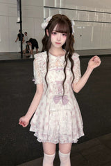 [Rose Letter] Peter Pan Collar Short Sleeves Double-Layered Printed Ruffled Open-Front Lace-Up Sweet Jirai Kei Dress Set 2 Colors - Product - 4