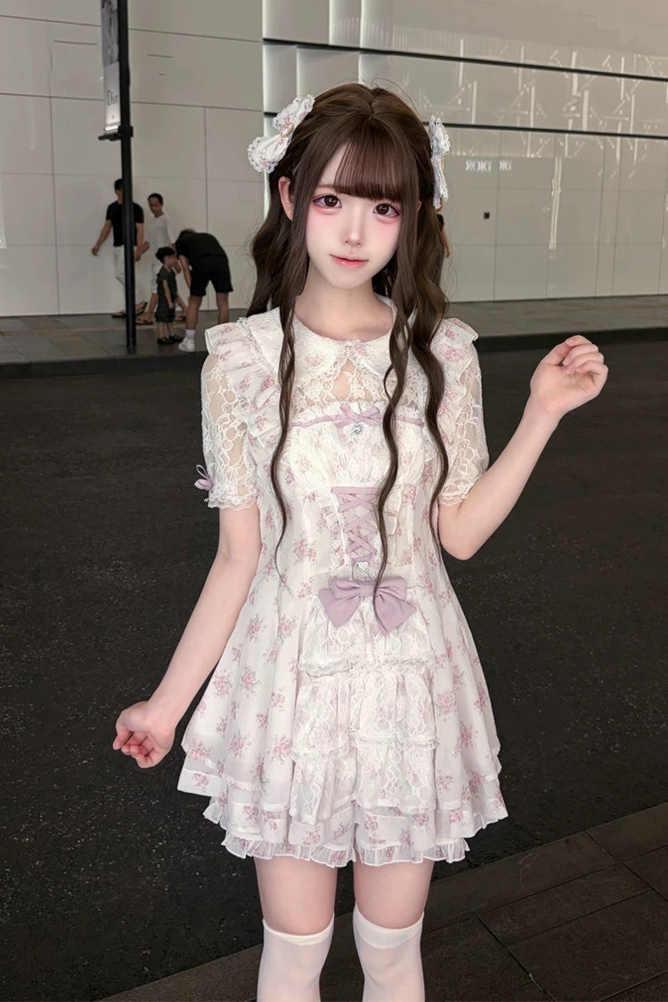 [Rose Letter] Peter Pan Collar Short Sleeves Double-Layered Printed Ruffled Open-Front Lace-Up Sweet Jirai Kei Dress Set 2 Colors - Product - 4