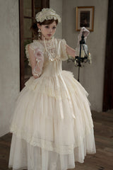 White [Dream by the Pillow] Triple-Layered Ruffled Bow Lace Sweet Elegant Lolita Dress - Product - 13