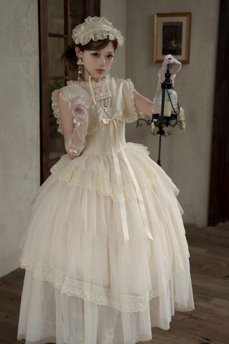 White [Dream by the Pillow] Triple-Layered Ruffled Bow Lace Sweet Elegant Lolita Dress - Product - 13