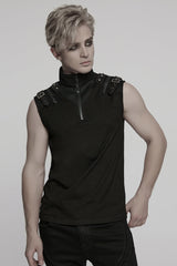 Black Stand Collar Sleeveless Stitching Mesh Zipper Men's Punk Vest - Black - 1