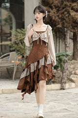 Brown [Dune Traveler] Printed Ruffled Spliced Asymmetric Punk Vintage Lolita Jsk Dress Set - Product - 2