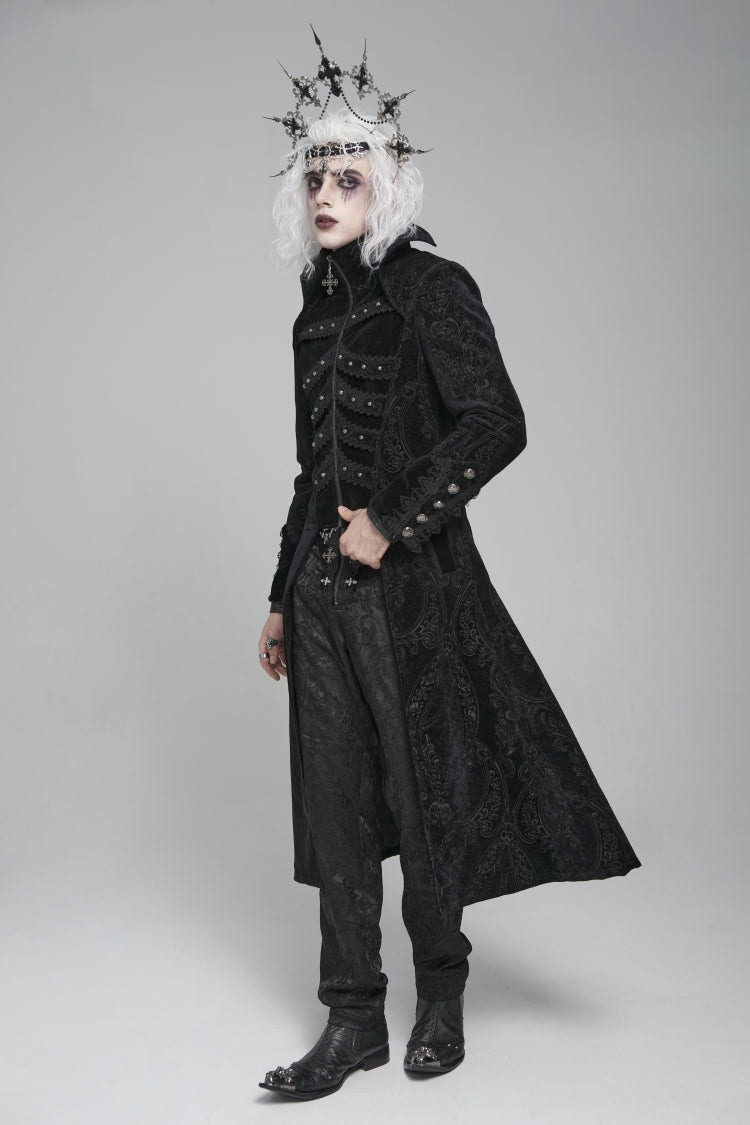 Black Diamante Stand Collar Long Sleeves Printed Zippered Men's Gothic Long Coat - Product - 2