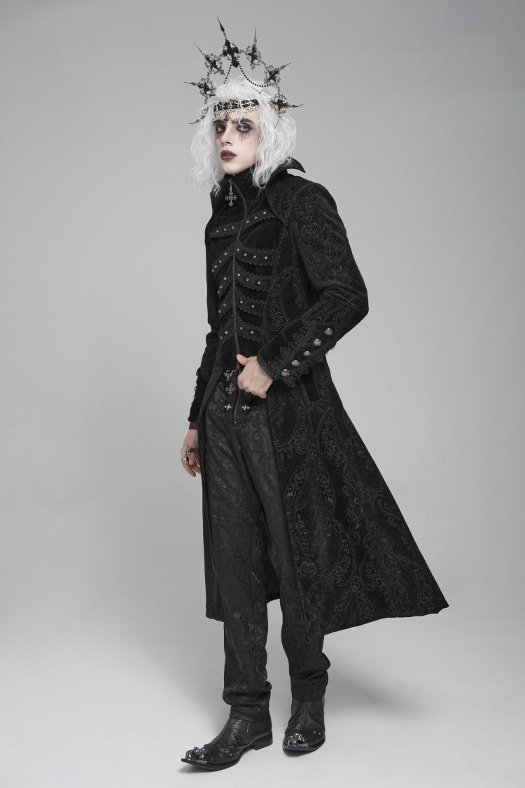 Black Diamante Stand Collar Long Sleeves Printed Zippered Men's Gothic Long Coat - Product - 2