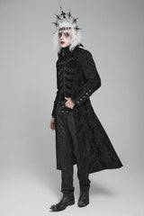 Black Diamante Stand Collar Long Sleeves Printed Zippered Men's Gothic Long Coat - Product - 2
