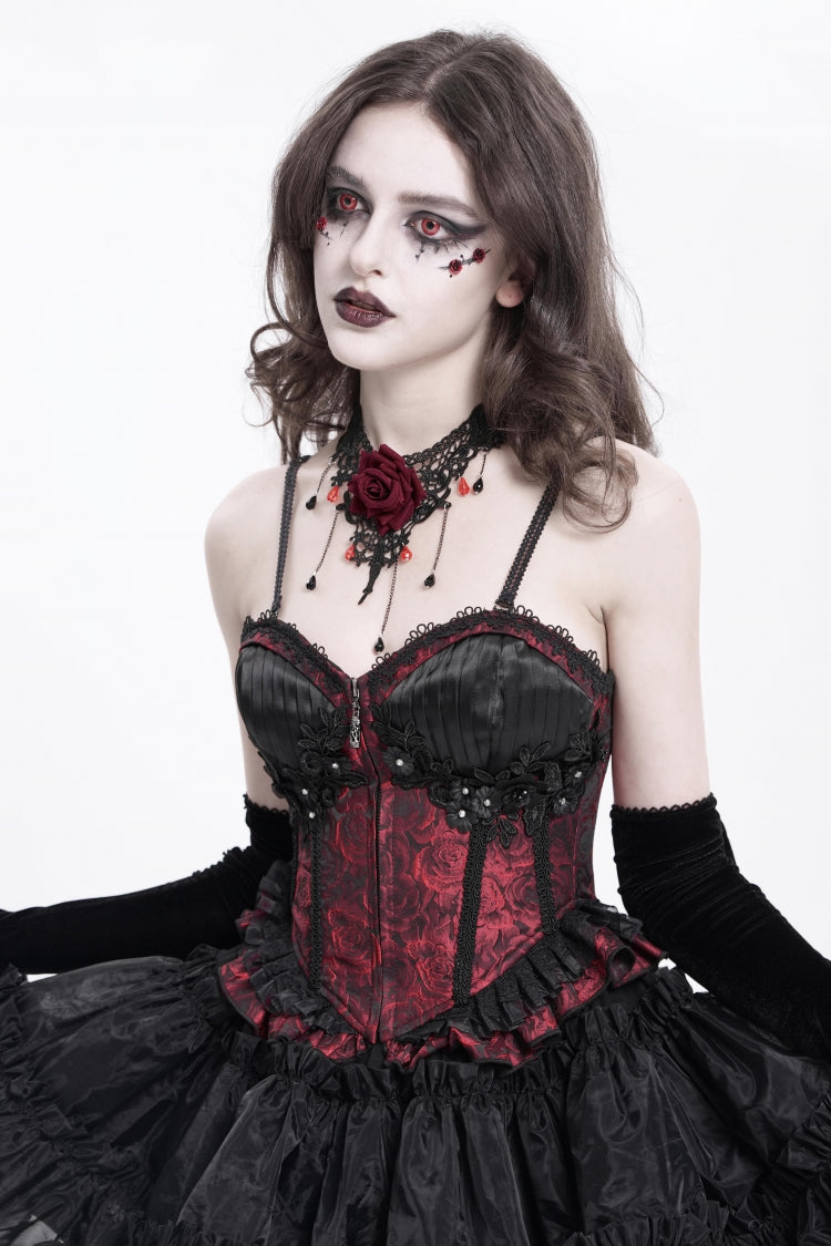 Red Sleeveless Ruffle Embroidery Lace-Up Women's Gothic Tank Top - Product - 2
