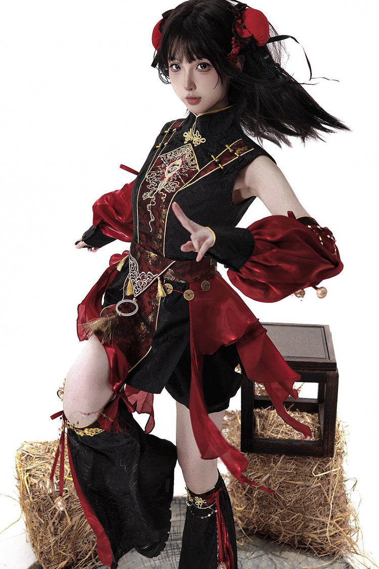 Black/Red [Demon Hunter] Stand Collar Sleeveless Embroidered Gothic Chinese Inspired Cool Ouji Hanfu Set - Product - 5