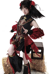 Black/Red [Demon Hunter] Stand Collar Sleeveless Embroidered Gothic Chinese Inspired Cool Ouji Hanfu Set - Product - 5