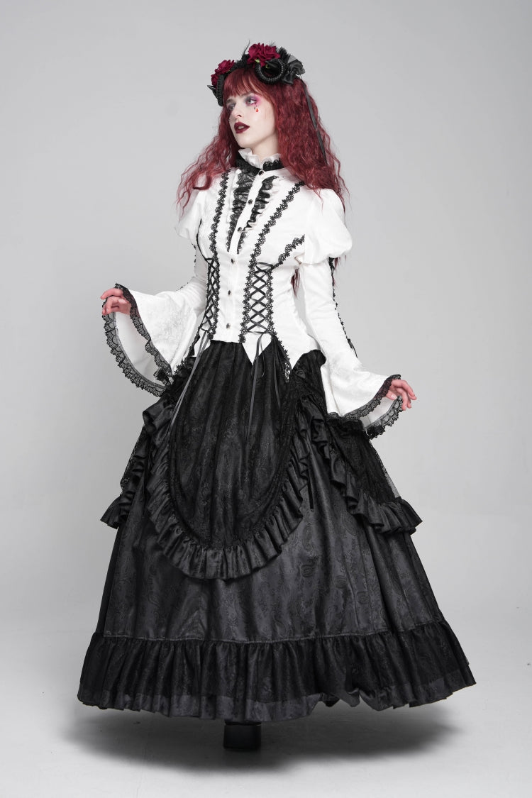 White Stand Collar Long Puff Sleeves Floral Jacquard Lace-Up Women's Gothic Blouse - Product - 10