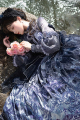 Blue [Angel Garden] Print Ruffle Bowknot Asymmetric Classic Elegant Lolita Jsk Dress - Product - 9