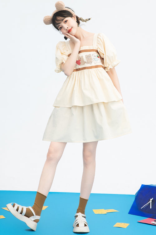 Beige Vintage Square Collar Ruffled Short Sleeves Cartoon Bear Print High Waisted Sweet Lolita Dress - Product - 4