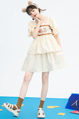 Beige Vintage Square Collar Ruffled Short Sleeves Cartoon Bear Print High Waisted Sweet Lolita Dress - Product - 4