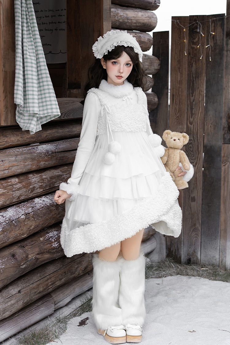 [White Chocolate] Triple-Layered Ruffle Bowknot Sweet Lolita Jsk Dress Set - Product - 23