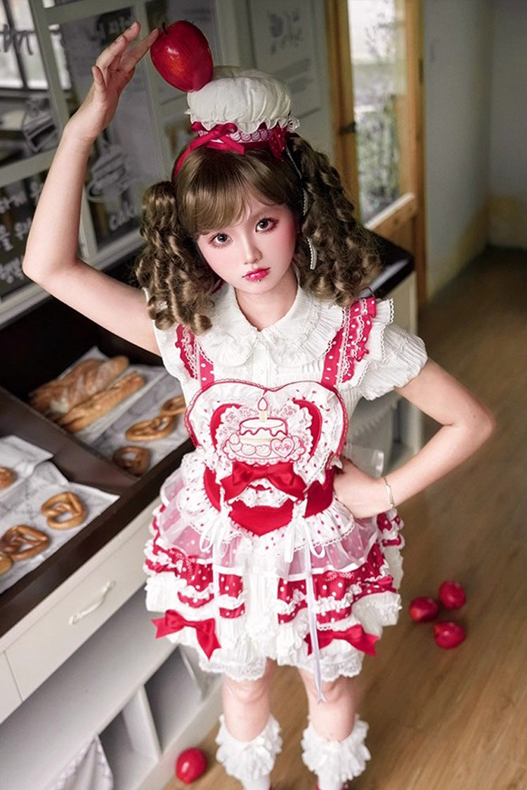 Red/White [Twin Bears] Birthday Cake Sleeveless Print Ruffle Bowknot Lace Sweet Lolita Small Flower Bud Dress - Product - 5