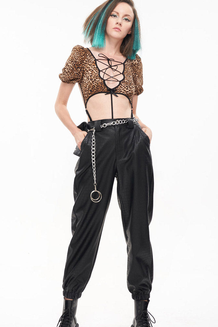 Black Gothic Crocodile Pattern Metal Chain Design Lantern Leather Women's Pants - Product - 8