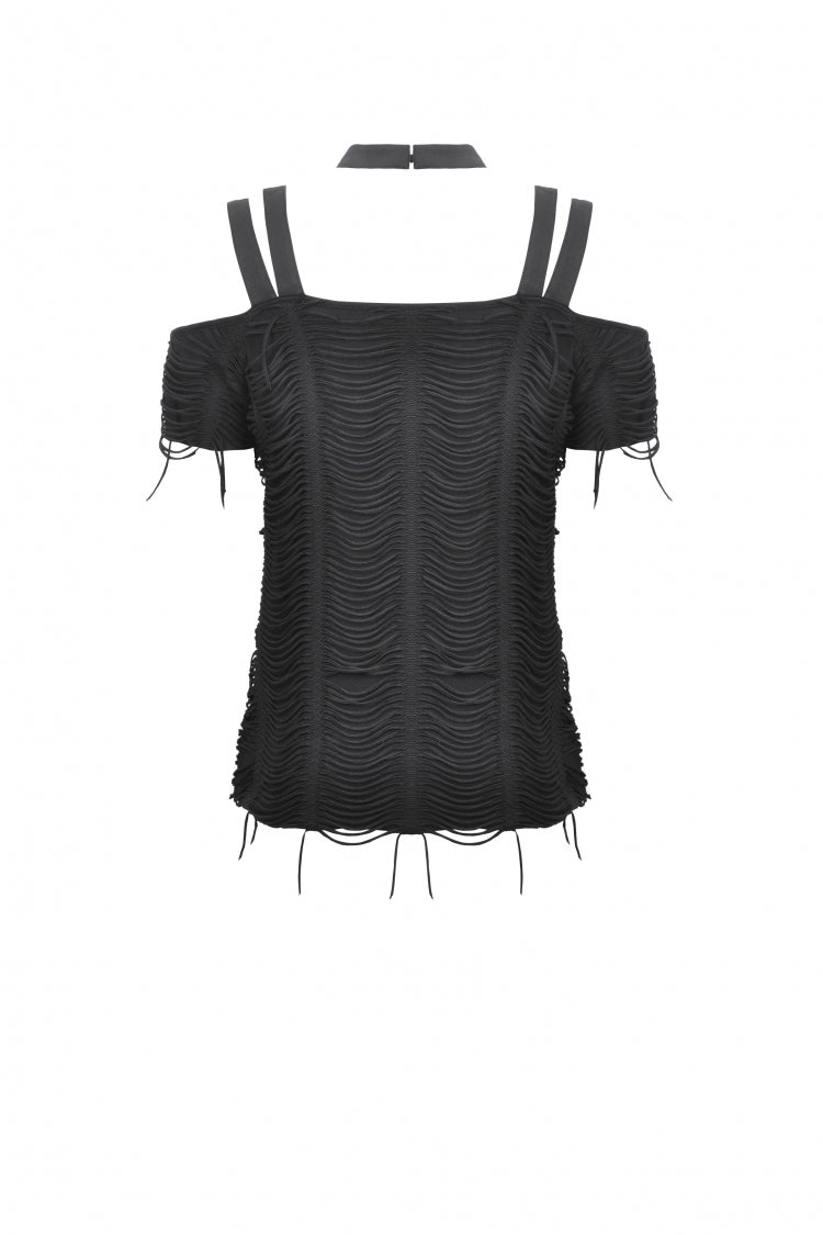 Black Off Shoulder Short Sleeves Ripped Buckled Women's Gothic T-Shirt with Detachable Choker - Product - 12