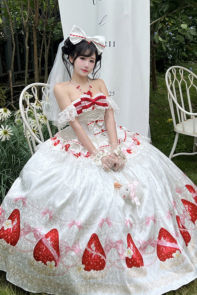 White [True Love Strawberry] Print Off Shoulder Sleeveless Ruffle Bowknot Lace Sweet Princess Lolita Dress Set - Product - 5