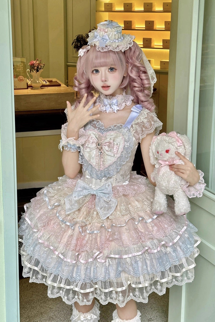 Rainbow Colors [Ballad of Feathers] Sleeveless Multi-Layered Ruffle Hanayome Bowknot Sweet Lolita Jsk Dress - Product - 6