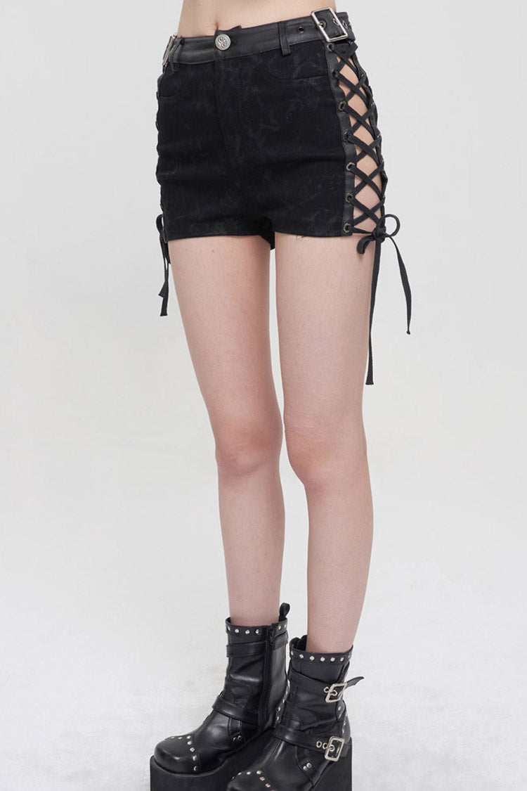 Black Punk Adjustable Grommets On Both Sides Side Straps Hollow Out Women's Shorts - Product - 8