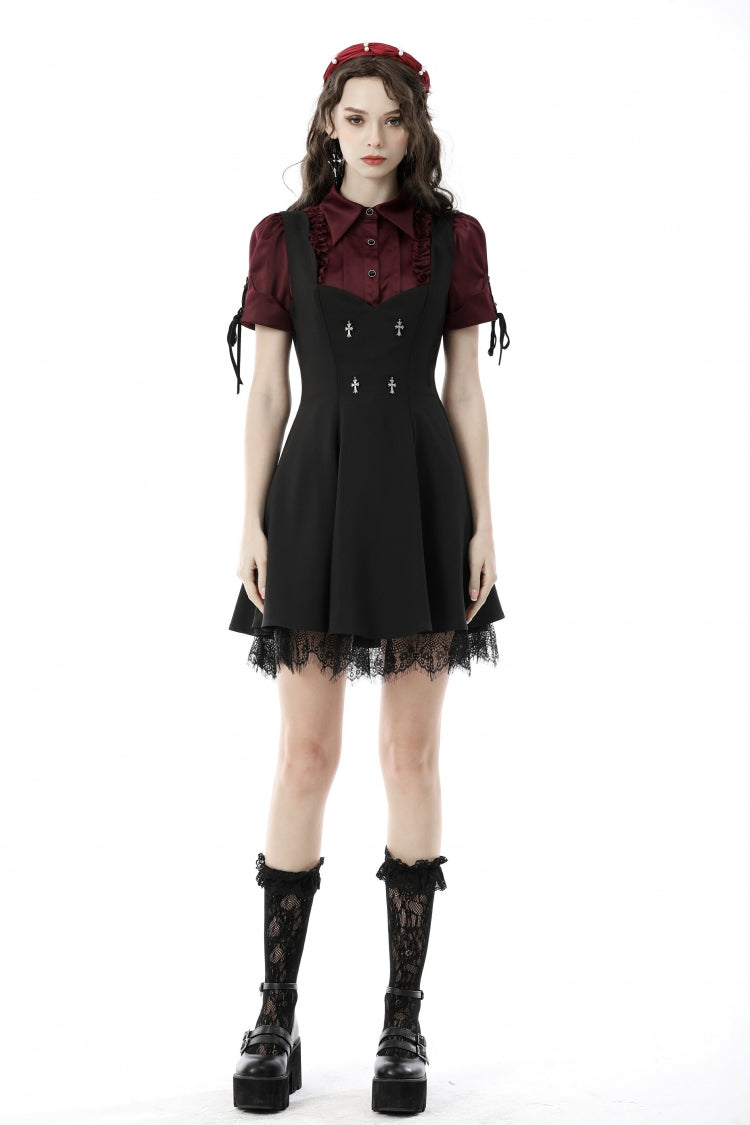 Wine Red Point Collar Short Puff Sleeves Ruffled Women's Gothic Elegant Blouse - Product - 5