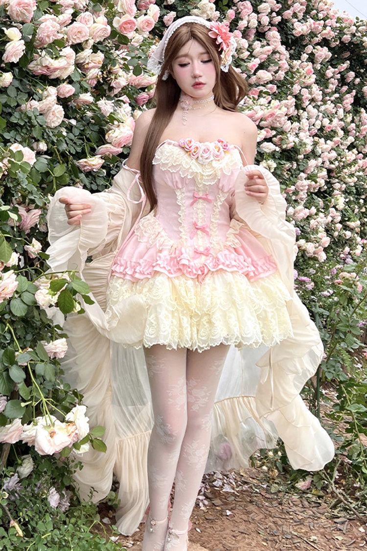 Pink [Pure Dream Flower Love] Multi-Layered Ruffle Embroidery Bowknot Lace Sweet Lolita Jsk Dress - Product - 5