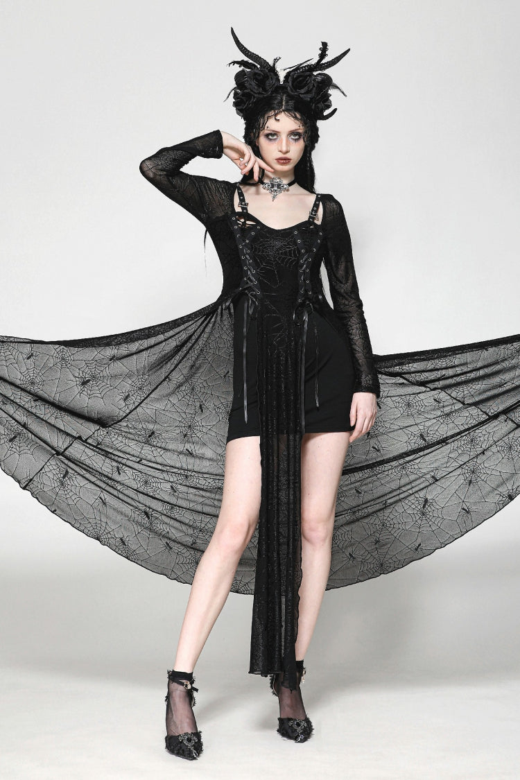 Black Long Sleeves Lace-Up Spiderweb Women's Gothic Elegant Witch Long Dress - Product - 7