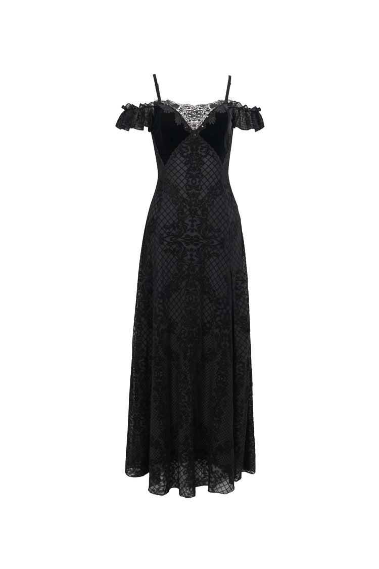 Black Velvet Lace Off Shoulder Ruffled Double Layer Slit Women's Gothic Dresses - Product - 8